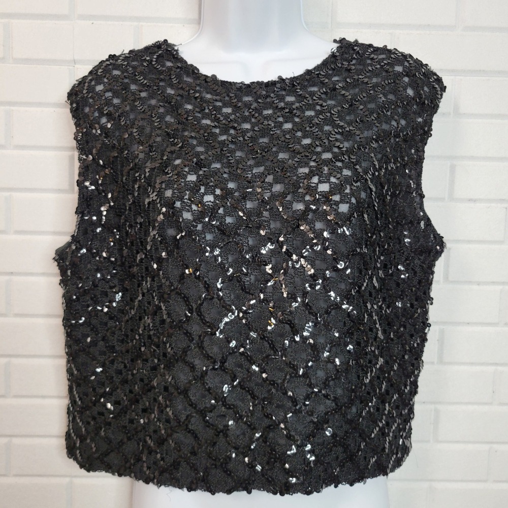 Vintage 1950s Gregory Shell Top sz 16 Black Sequin Lace Chiffon Button Back Mod